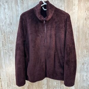 Uniqlo Womens XL Fleece Jacket Dark Plum Teddy Bear Full Zip High Neck Soft Warm